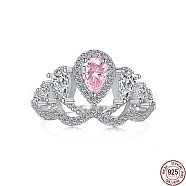 Rhodium Plated 925 Sterling Silver Pave Pink Cubic Zirconia Hollow Finger Ring for Women, Crown, Real Platinum Plated, 1.4mm, US Size 7(17.3mm)(RJEW-F150-07B-P)