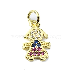 Brass Micro Pave Colorful Cubic Zirconia Pendants, Human, Real 18K Gold Plated, 13x8.5x1.5mm(KK-H475-13G-02)