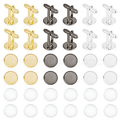 12Pcs 3 Colors Brass Cuff Button, Cufflink Findings for Apparel Accessories, with 12Pcs Transparent Glass Cabochons, Mixed Color, 12~18.5x12~18x5.5~14mm, tray: 12mm(BUTT-UN0001-22)