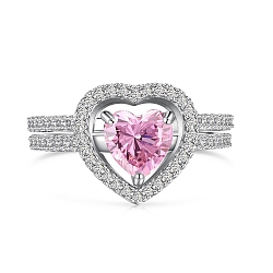 Anti-Tarnish Rhodium Plated 925 Sterling Silver Double Rings Set, Heart Cubic Zirconia Ring for Women, Hot Pink, 11.5mm, Inner Diameter: 17.2mm(RJEW-Z040-17P-A)