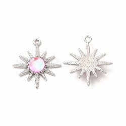 Rack Plating Alloy Pendants, Sun Charms, with Resin, Platinum, Cadmium Free & Nickel Free & Lead Free, Pearl Pink, 28x25x5mm, Hole: 1.8mm(FIND-G051-04P-01)