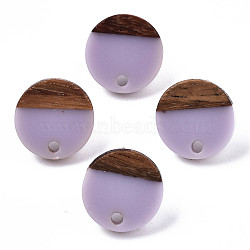 Opaque Resin & Walnut Wood Stud Earring Findings, with 304 Stainless Steel Pin, Flat Round, Lilac, 14mm, Hole: 1.8mm, Pin: 0.7mm(MAK-N032-007A-B04)