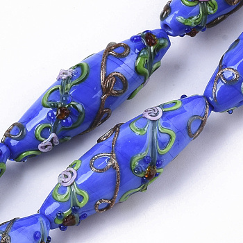 Handmade Gold Sand Lampwork Beads Strands, Bumpy, Rice with Flower Pattern, Blue, 45~47.5x14.5~15.5mm, Hole: 1.5mm, about 10pcs/Strand, 17.72 inch
