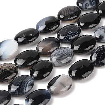 Natural Striped Agate/Banded Agate Beads Strands, Flat Oval, Dyed & Heated, Black, 18~19x24x7~8mm, Hole: 1.2mm, about 16pcs/strand, 15.75''(40cm)