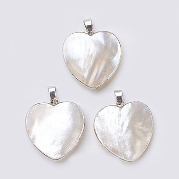 Shell Pendants, with Brass Finding, Heart, Platinum, 33~33.5x31x6~9mm, Hole: 4x7mm