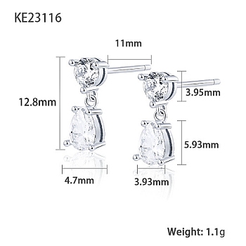 Cubic Zirconia Teardrop Dangle Stud Earrings, Platinum Rhodium Plated 925 Sterling Silver Earrings, Clear, 12.8x3.93~4.7mm