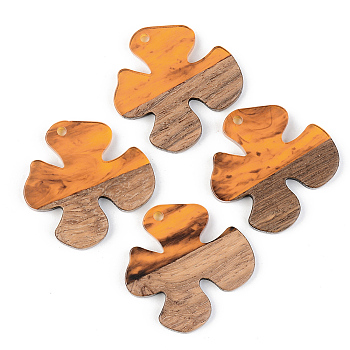 Resin & Walnut Wood Pendants, Flower, Orange, 28x28x3mm, Hole: 2mm