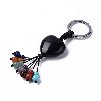 Natural Obsidian Heart with Mixed Gemstone Tassel Keychains, with 304 Stainless Steel Ring Clasps, 8.5~9cm
