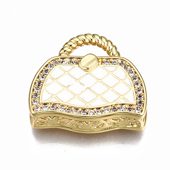 Brass Micro Pave Cubic Zirconia Enamel Pendants, Nickel Free, Bag, Real 16K Gold Plated, White, 17.5x19x5mm, Hole: 3x6mm