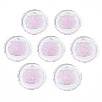 Transparent Resin Pendants, with Glitter Powder, Flat Round with Tiger Head, Pink, 24.5x3.5mm, Hole: 1.4mm