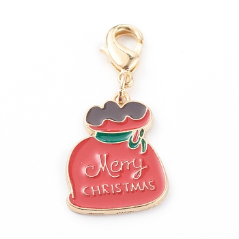 Christmas Themed Alloy Enamel Pendants, with Brass Lobster Claw Clasps, Christmas Gift, Red, 36mm