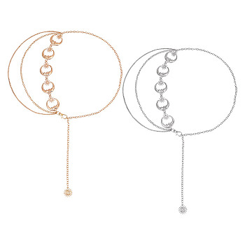 2Pcs 2 Colors Alloy Moon & Sun Link Chain Belts, Triple Layer Tassel Waist Belt for Shirt Dress Decoration, Platinum & Light Gold, 12-5/8 inch(32cm), 1Pc/color