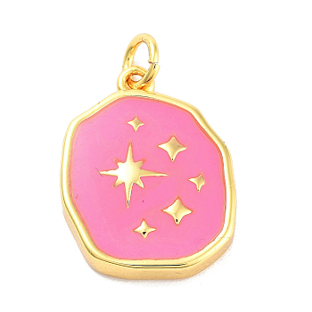 Real 18K Gold Plated Rack Plating Brass Enamel Pendants, with Jump Ring, Long-Lasting Plated, Lead Free & Cadmium Free, Irregular Flat Round with Star Charm, Hot Pink, 19x14.5x3mm, Hole: 3mm