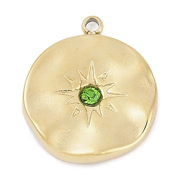 304 Stainless Steel Rhinestone Pendants, Real 14K Gold Plated, Flat Round with Star Charm, Peridot, 17x14.5x2.5mm, Hole: 1.4mm