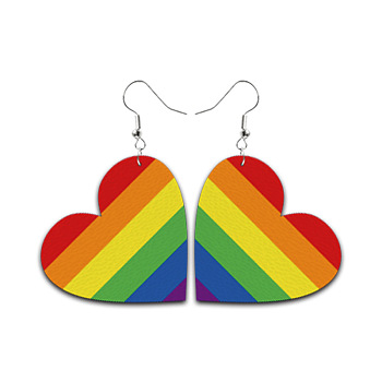 Rainbow Color Pride Flag PU Leather Heart Dangle Earrings, Brass Long Drop Earrings for Women, Colorful, 70x45x1.5mm