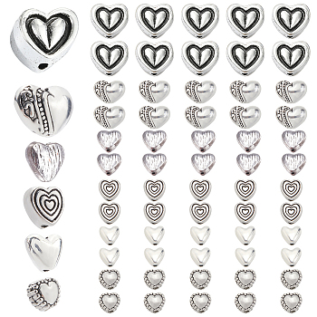 Alloy Beads Heart, Antique Silver, 5~10.5x6~12x3~6mm, Hole: 1~1.6mm, 6 colors, 20pcs/color, 120pcs