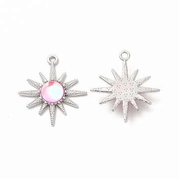 Rack Plating Alloy Pendants, Sun Charms, with Resin, Platinum, Cadmium Free & Nickel Free & Lead Free, Pearl Pink, 28x25x5mm, Hole: 1.8mm