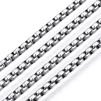 201 Stainless Steel Box Chains, with Spool, Unwelded, Stainless Steel Color, 2.5x2.5x1.3mm, about 82.02 Feet(25m)/roll