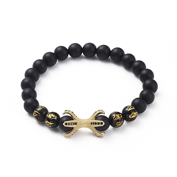 Natural Black Agate(Dyed) Beads Stretch Bracelets, with Round Carved Om Mani Padme Hum Natural Obsidian Beads and Brass Cubic Zirconia Beads, Golden, 2-1/8 inch(5.5cm)