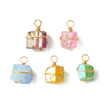 Electroplated Natural Quartz Copper Wire Wrapped Pendants, Irregular Shape Charms, Mixed Color, Light Gold, 18~21x12.5~15x11~14.5mm, Hole: 4mm