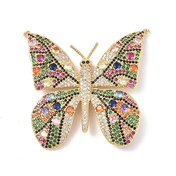 Brass Micro Pave Colorful Cubic Zirconia with Glass Connector Charms, Butterfly Links, Real 18K Gold Plated, 48x46x4mm, Hole: 1mm