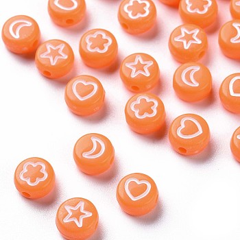 Opaque Acrylic Beads, Flat Round with White Heart & Flower & Moon & Star, Orange, 7x4mm, Hole: 1.6mm