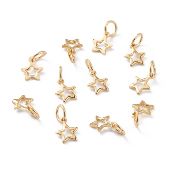Brass Charms, with Jump Rings, Long-Lasting Plated, Star, Hollow, Real 18K Gold Plated, 8x6x0.8mm, Jump Ring: 5x1mm, Inner Diameter: 3mm 
