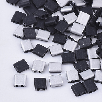 2-Hole Glass Seed Beads, Half Platinum Plated & Frosted Colours, Square, Black, 5x4.5~5.5x2~2.5mm, Hole: 0.5~0.8mm, about 1180pcs/bag