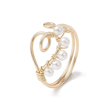 Copper Wire Wrapped Natural Cultured Freshwater Pearl Open Ring, Heart Cuff Finger Ring for Women, Light Gold, 2~14.5mm, Inner Diameter: 19mm