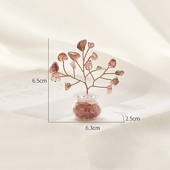 Synthetic Strawberry Quartz Chips Tree Decorations, Copper Wire Feng Shui Energy Stone Gift for Home Desktop Decoration, 65x63x25mm