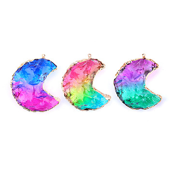 Rainbow Color Glass Pendants, with Golden Tone Stainless Steel Edge & Loop, Moon, 40~50x30~40mm