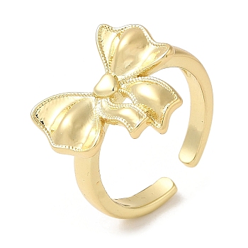 Brass Open Cuff Rings, Bowknot Ring for Women, Real 18K Gold Plated, 3mm, Inner Diameter: 18mm