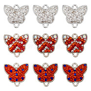 ARRICRAFT 18Pcs 3 Colors Rack Plating Alloy Connector Charms, with Polymer Clay Rhinestone, Cadmium Free & Lead Free, Platinum Plated, Butterfly, Mixed Color, 16x17x3mm, Hole: 1.8mm, 6pcs/color(ALRI-AR0001-02)