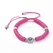 Adjustable Nylon Cord Braided Bead Bracelets, with Polymer Clay Heishi Beads, Iron Round Beads and Tibetan Style Alloy Beads, Deep Pink, 1-7/8 inch~3 inch(4.8~7.8cm)(BJEW-JB05103-02)