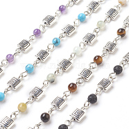 Handmade Natural & Synthetic Mixed Stone Beaded Chains, Unwelded, with Iron Needle and Alloy Finding, Antique Silver & Platinum, 4~5mm, 39.37 inch, 1m/strand(AJEW-JB00446)