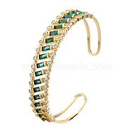 Cubic Zirconia Rectangle Open Cuff Bangle, Real 18K Gold Plated Brass Jewelry for Women, Nickel Free, Sea Green, Inner Diameter: 2-1/2 inch(6.2cm)(BJEW-N014-025C)