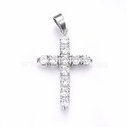 304 Stainless Steel Pendants, with Cubic Zirconia and Snap on Bails, Cross, Clear, Stainless Steel Color, 37.5x25x3.5mm, Hole: 5x7mm(STAS-E439-88P)