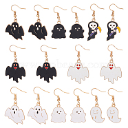 ANATTASOUL 8 Pairs 8 Style Halloween Ghost Enamel Dangle Earrings Sets, Golden Alloy Jewelry for Women, Black and White, 39~45mm, Pin: 0.8mm, 1 Pair/style(EJEW-AN0002-51)