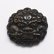 Feng Shui Natural Golden Sheen Obsidian Carven Pendants, Pixiu, Dark Khaki, 40.5x43x12mm, Hole: 2mm(G-A169-036)