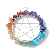 Chakra Gemstone Chips Copper Wire Wrapped Big Pendants, Pentagram Charms, Mixed Dyed and Undyed, Platinum, 49~50x44~49x7mm, Hole: 4mm(PALLOY-JF02553-01)