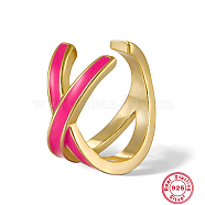 Real 18K Gold Plated 925 Sterling Silver Criss Cross Cuff Earring, with Enamel, Deep Pink, 13x13mm(PZ2536-4)