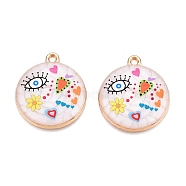 Printed Rack Plating Alloy Enamel Pendants, Golden, Flat Round with Eye & Heart Charm, Colorful, 28.5x25x4mm, Hole: 1.8mm(ENAM-T020-02F)