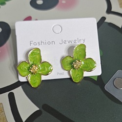 Alloy Enamel Stud Earrings with Brass Earring Pins, Flower, Golden, Yellow Green, 26x26mm(FS-WGE19F2-09)