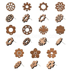 22Pcs 11 Styles Walnut Wood Stud Earring Findings, with 316 Stainless Steel Pins and Holes, Leaf & Flower, Coconut Brown, 16~17.5x16.5~18mm, Hole: 1.6~1.8mm, Pin: 0.7~0.8mm, 2Pcs/style(MAK-CJ0001-17)