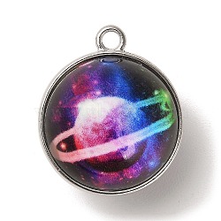 Galaxy Theme Luminous Glass Ball Pendants, Glow in the Dark, with Platinum Tone Alloy Edge, Violet, 25x21.5x20~21mm, Hole: 2mm(GLAA-D021-01P-09)