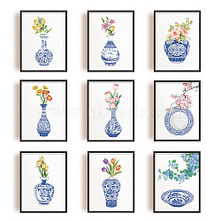 Oil Painting Style Chemical Fiber Canvas Hanging Wall Decor, Home Decoration Accessories, Rectangle with Blue & White Porcelain & Flower, Colorful, 200x250mm, 9pcs/set(AJEW-WH0173-050)