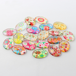 Multi-Color Floral Pattern Theme Ornaments Glass Oval Flatback Cabochons, Mixed Color, 40x30x7mm(GGLA-A003-30x40-SS)