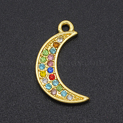 Alloy Rhinestone Pendants, Moon, Golden, Colorful, 17x9x1.5mm, Hole: 1.2mm(PALLOY-S098-DA017)