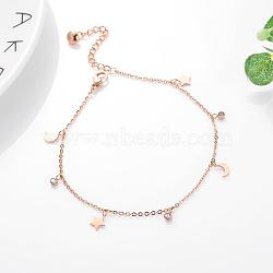 Titanium Steel Charm Anklets for Women, Rose Gold, Star, 8.27 inch(21cm)(WG18C2B-72)