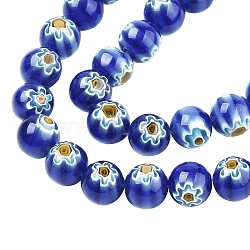 Handmade Millefiori Glass Beads Strands, Round with Flower Pattern, Blue, 10mm, Hole: 1.2mm, about 36~38pcs/strand, 13.78 inch~14.88 inch(35cm~37.8cm)(LK-SZ0001-01F)
